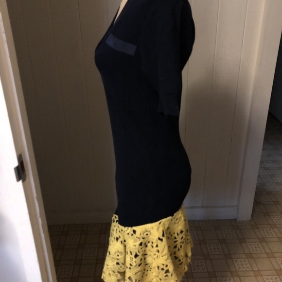 SACAI sz XS Navy Blue Knit Dress YELLOW Floral LACE - Picture 2 of 7